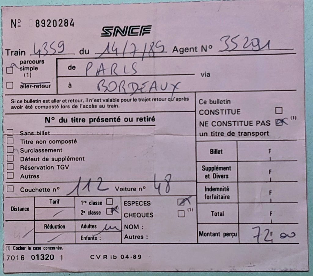 InterRail 1989: Liegewagenzuschlag Paris - Bordeaux