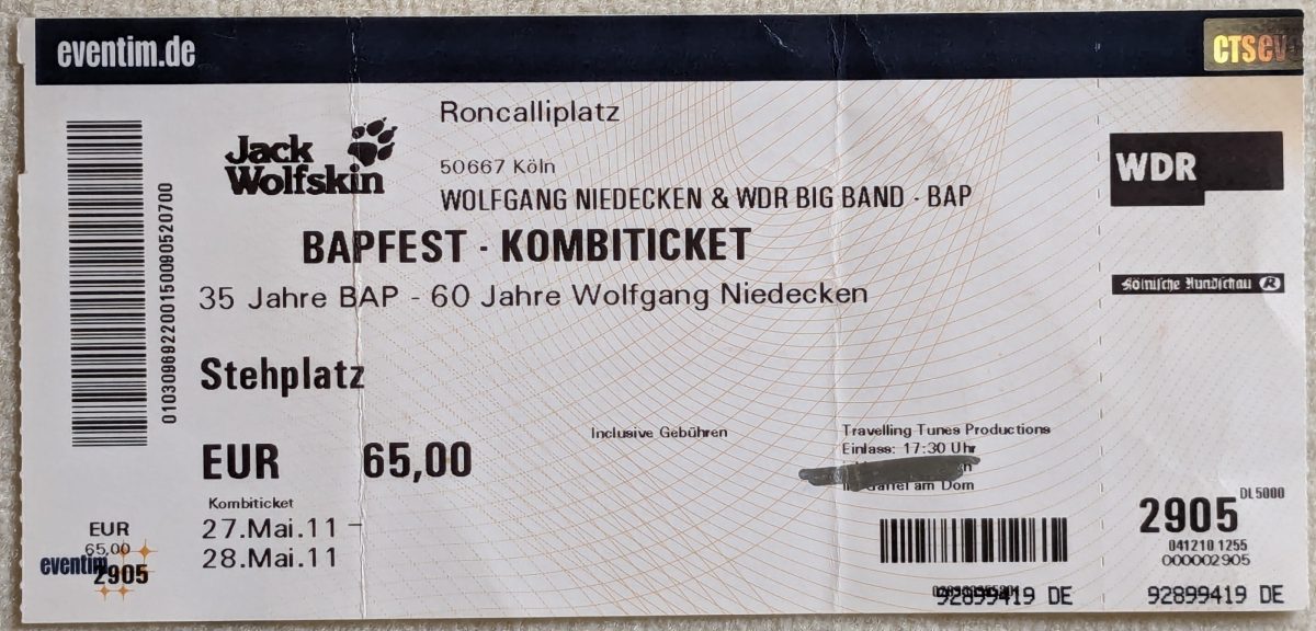 Eintrittskarte (Kombiticket) für das „BAPFEST - 35 Jahre BAP - 60 Jahre Wolfgang Niedecken“ am 27./28. Mai 2011 auf dem Roncalliplatz in Köln.