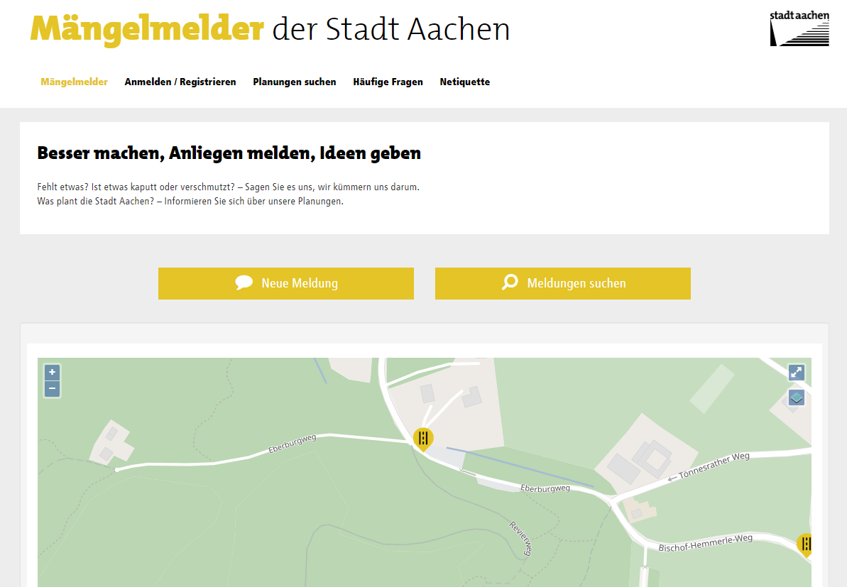 Aachen, Mängelmelder: Screenshot